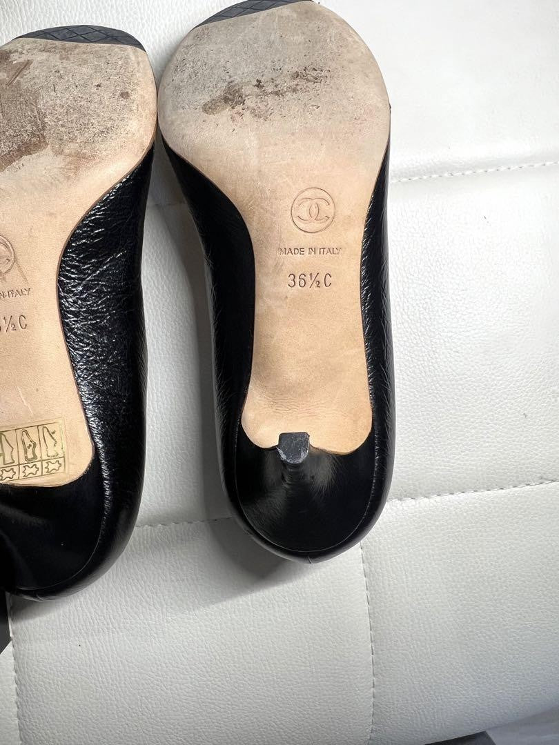 CHANEL Shoes Pumps Heel Cocomark EU 36.5 US 6.5 Beige Black Authentic