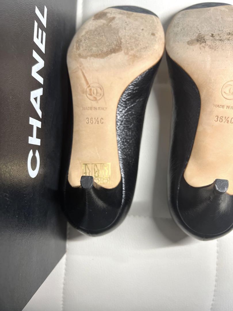 CHANEL Shoes Pumps Heel Cocomark EU 36.5 US 6.5 Beige Black Authentic