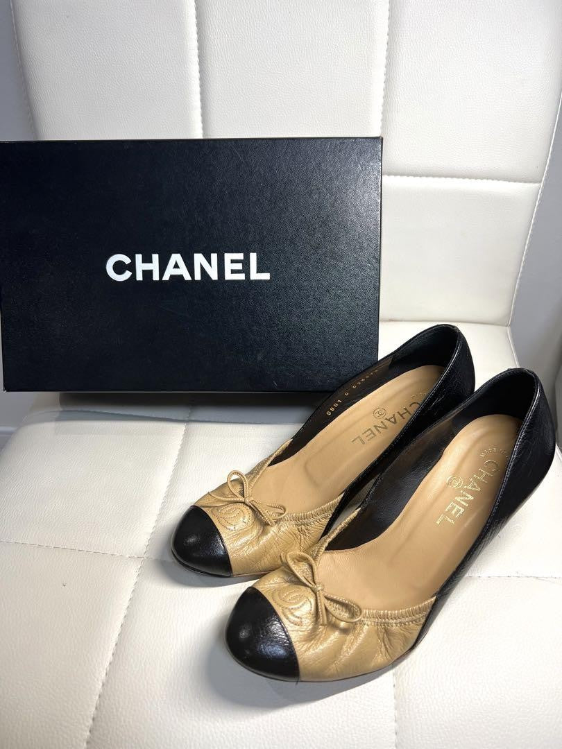 CHANEL Shoes Pumps Heel Cocomark EU 36.5 US 6.5 Beige Black Authentic