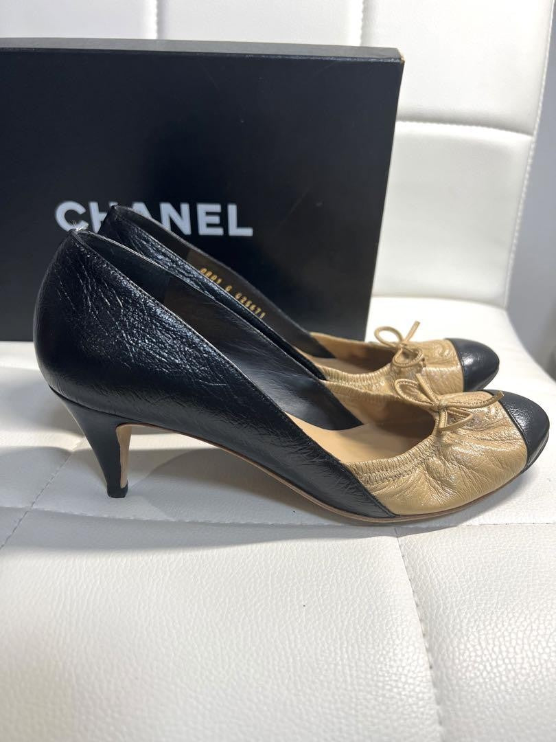 CHANEL Shoes Pumps Heel Cocomark EU 36.5 US 6.5 Beige Black Authentic