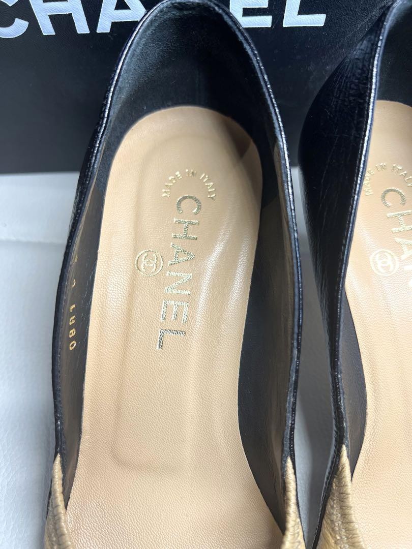 CHANEL Shoes Pumps Heel Cocomark EU 36.5 US 6.5 Beige Black Authentic