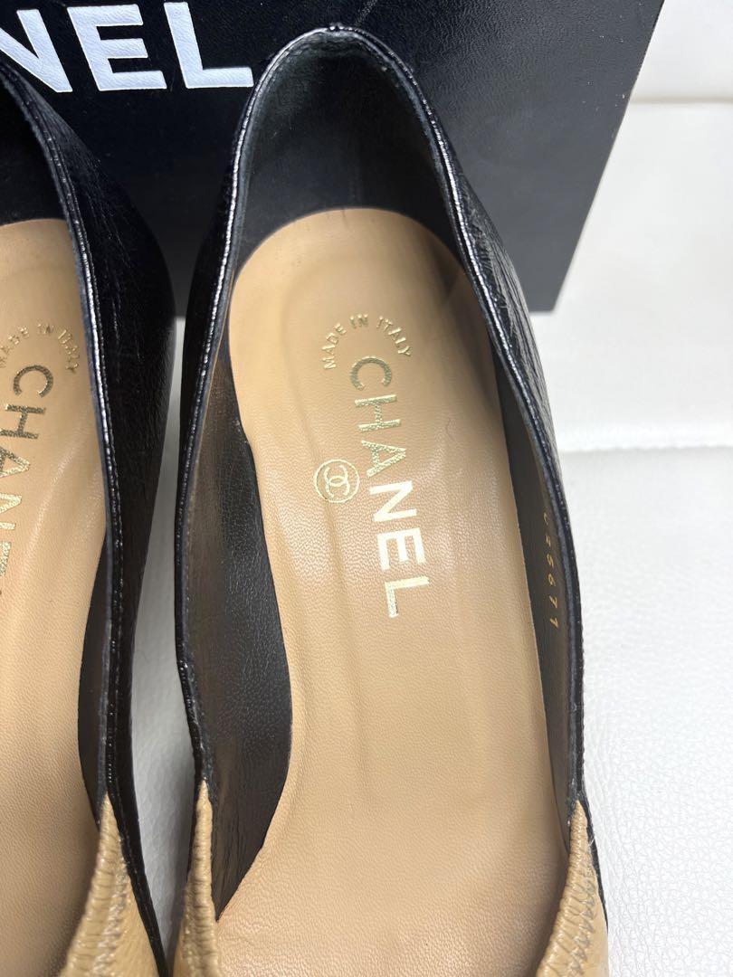CHANEL Shoes Pumps Heel Cocomark EU 36.5 US 6.5 Beige Black Authentic