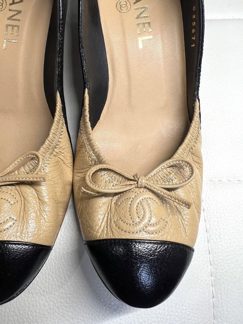 CHANEL Shoes Pumps Heel Cocomark EU 36.5 US 6.5 Beige Black Authentic