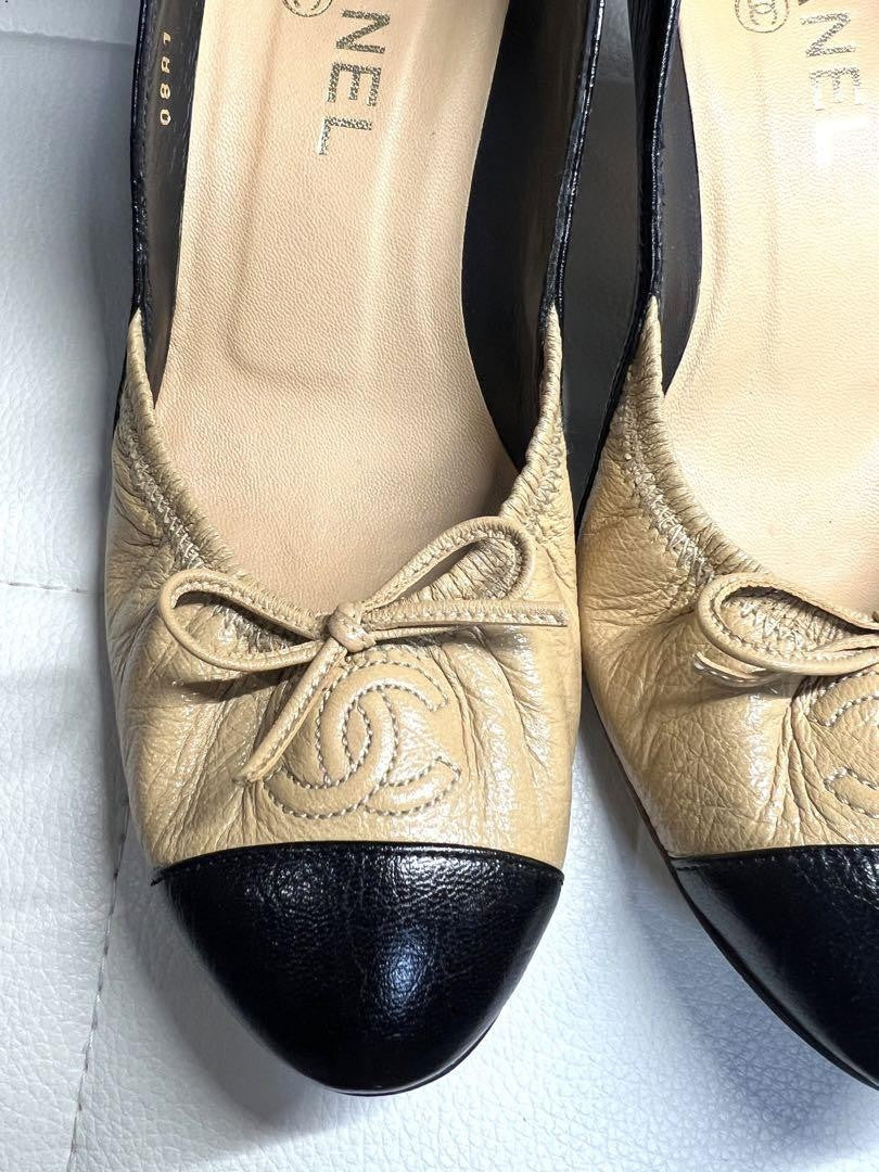 CHANEL Shoes Pumps Heel Cocomark EU 36.5 US 6.5 Beige Black Authentic