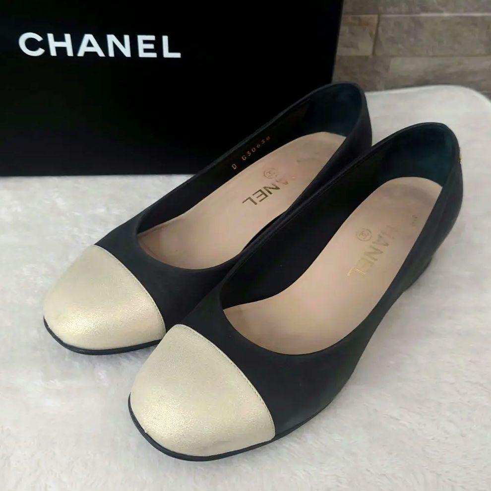 CHANEL Shoes Pumps Heel Cocomark EU 37 US 7 Leather Black Champagne Gold Auth