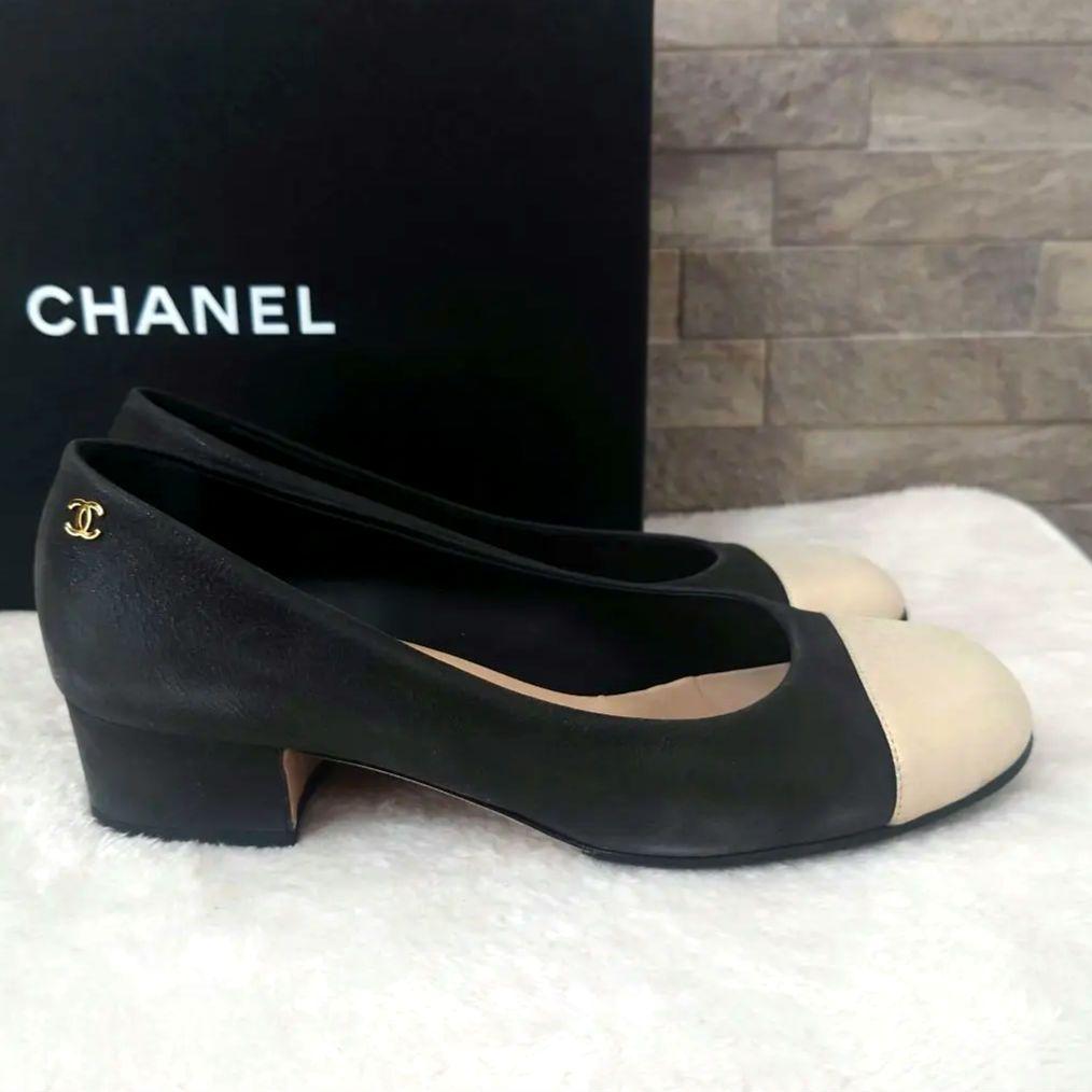 CHANEL Shoes Pumps Heel Cocomark EU 37 US 7 Leather Black Champagne Gold Auth