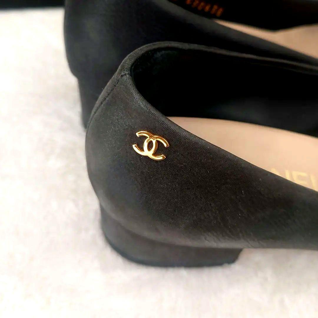 CHANEL Shoes Pumps Heel Cocomark EU 37 US 7 Leather Black Champagne Gold Auth