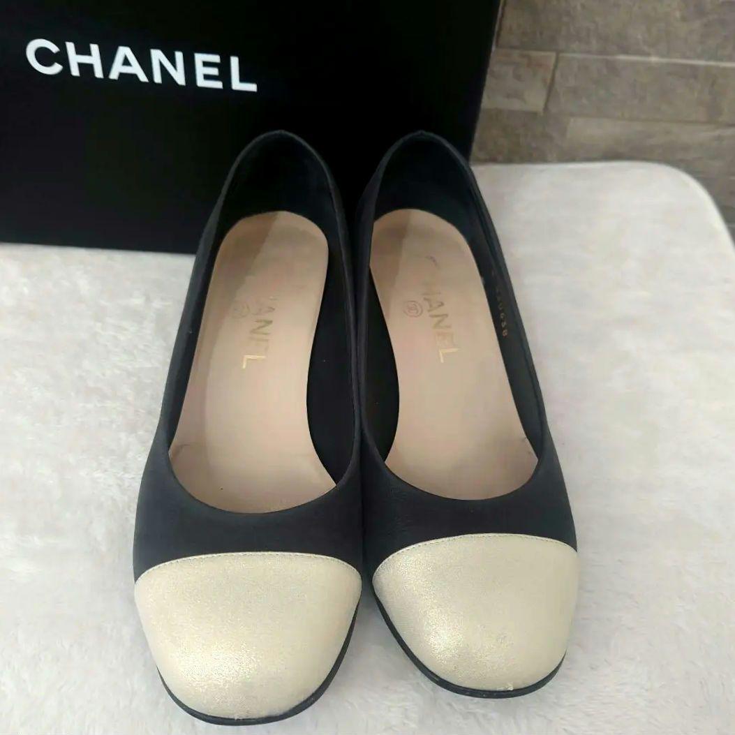 CHANEL Shoes Pumps Heel Cocomark EU 37 US 7 Leather Black Champagne Gold Auth