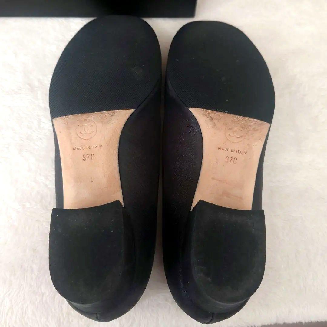 CHANEL Shoes Pumps Heel Cocomark EU 37 US 7 Leather Black Champagne Gold Auth