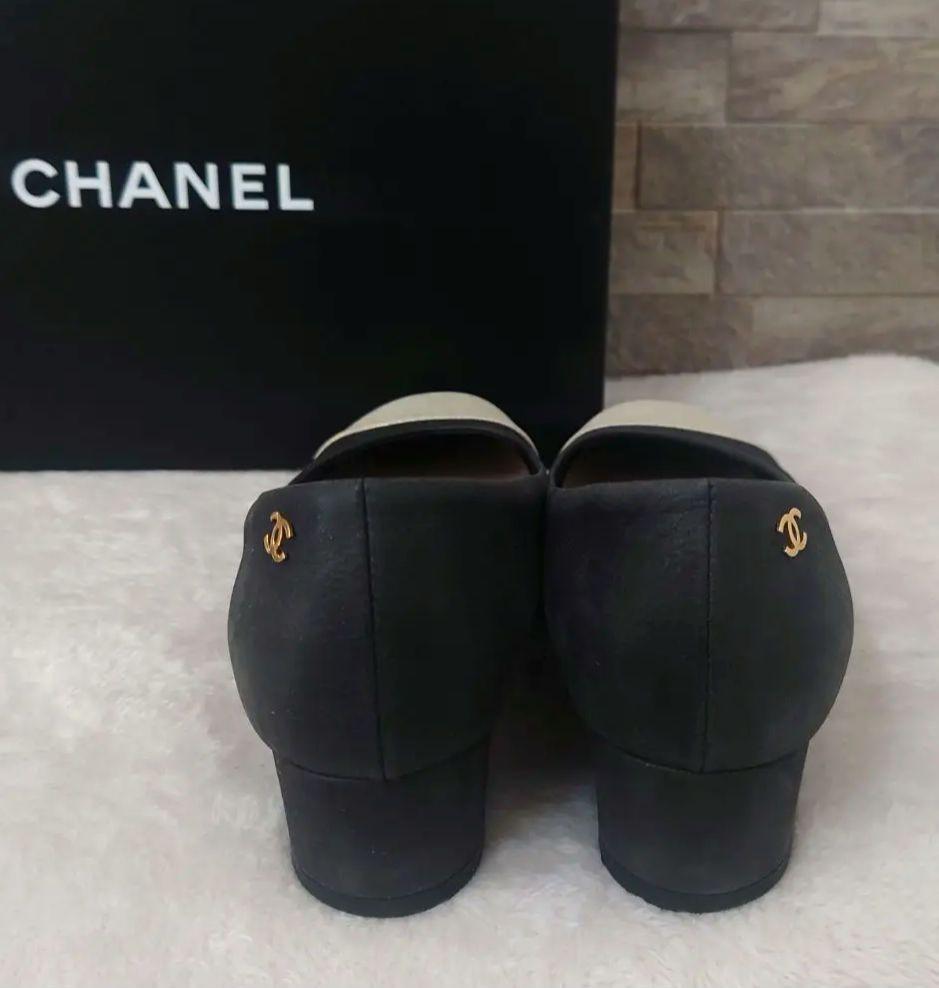 CHANEL Shoes Pumps Heel Cocomark EU 37 US 7 Leather Black Champagne Gold Auth
