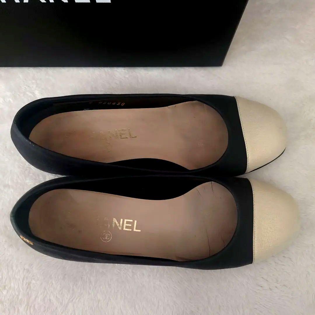CHANEL Shoes Pumps Heel Cocomark EU 37 US 7 Leather Black Champagne Gold Auth