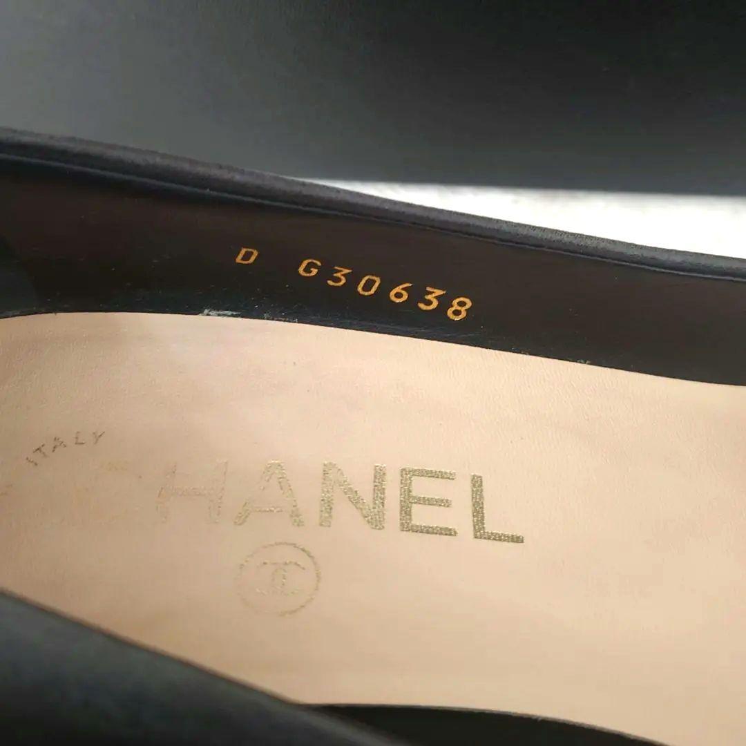CHANEL Shoes Pumps Heel Cocomark EU 37 US 7 Leather Black Champagne Gold Auth
