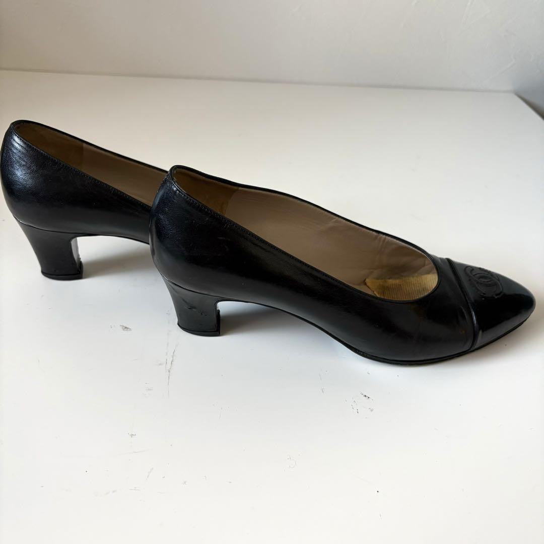 CHANEL Shoes Pumps Heel Cocomark EU 36.5 US 6.5 Leather Black Authentic