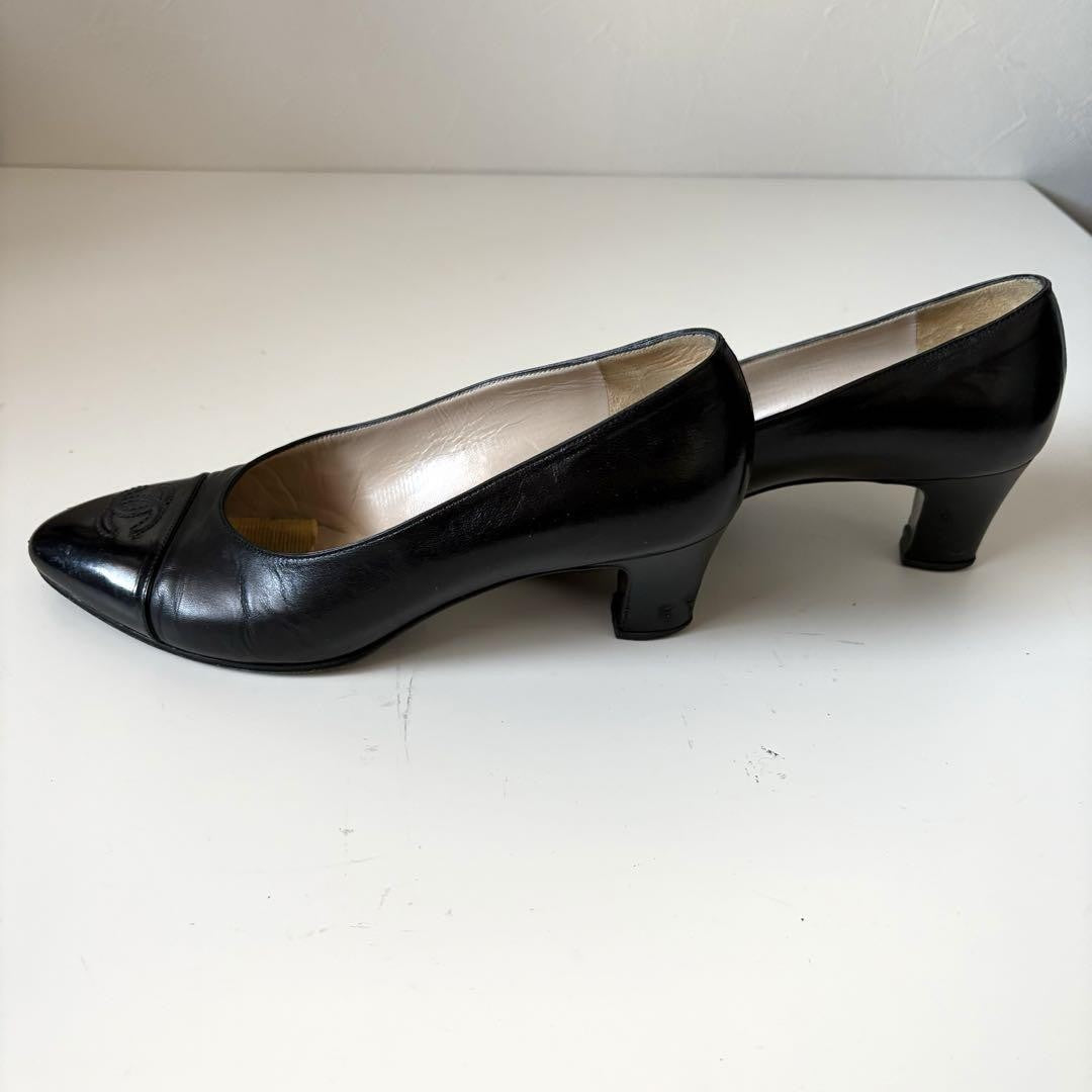 CHANEL Shoes Pumps Heel Cocomark EU 36.5 US 6.5 Leather Black Authentic