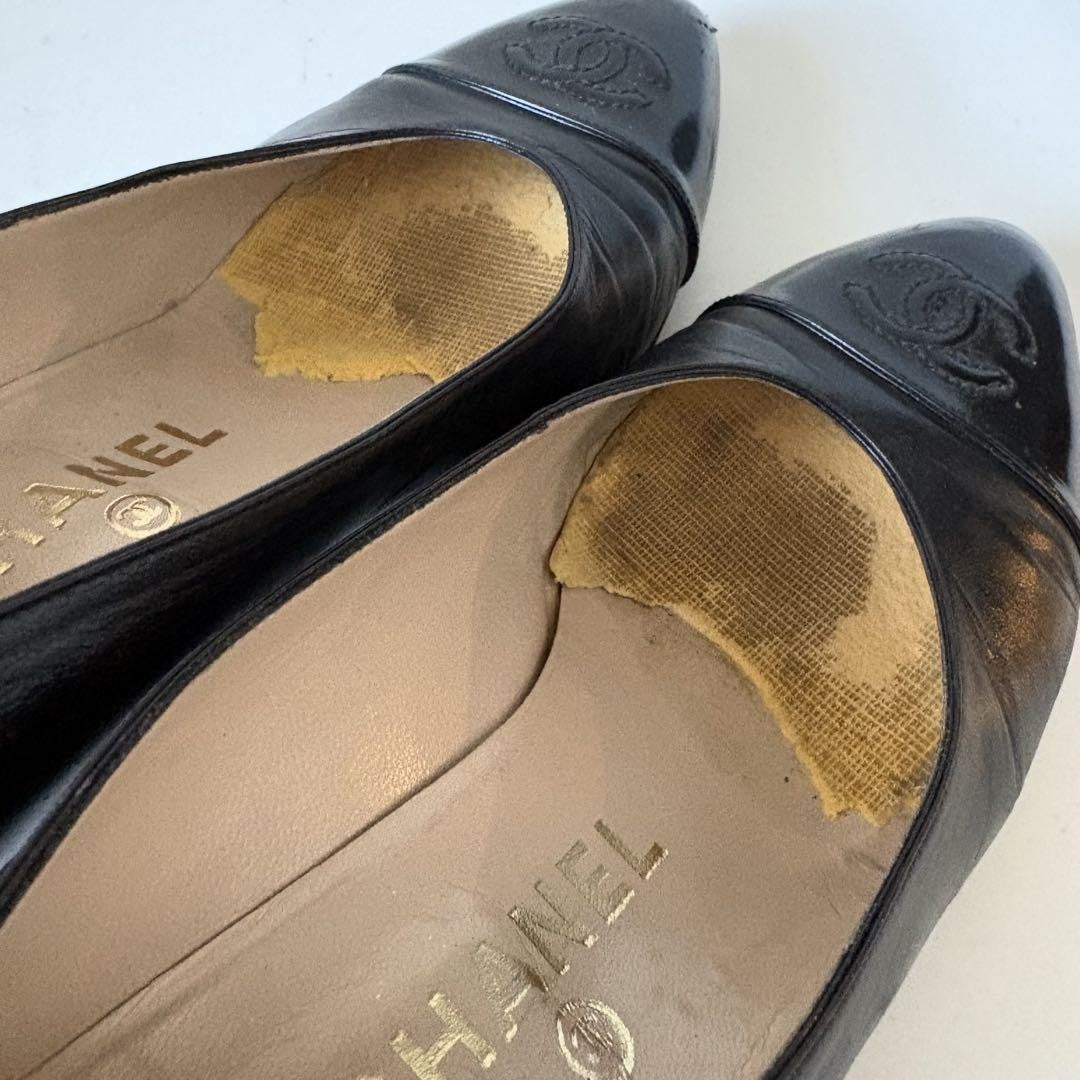 CHANEL Shoes Pumps Heel Cocomark EU 36.5 US 6.5 Leather Black Authentic