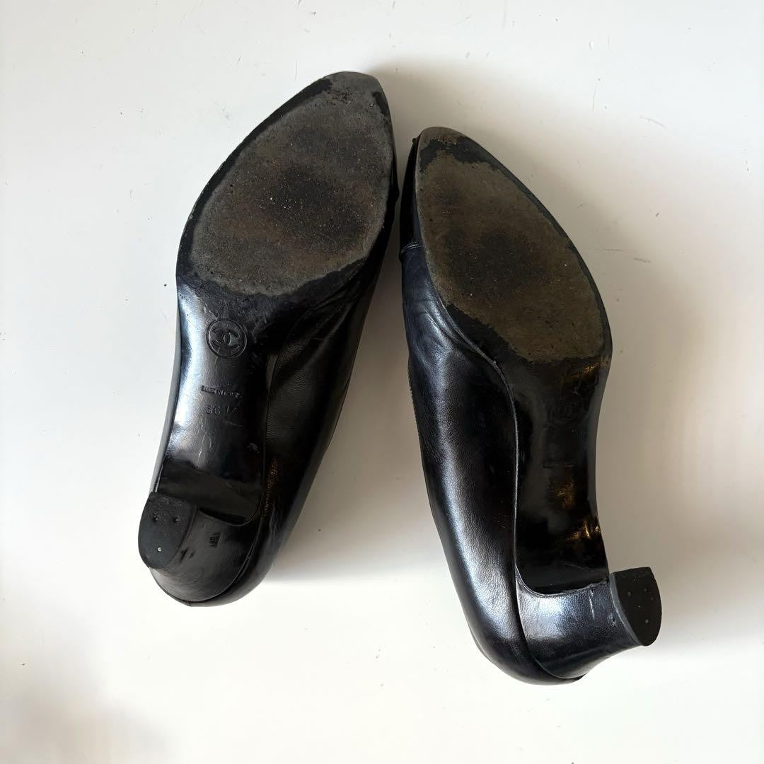 CHANEL Shoes Pumps Heel Cocomark EU 36.5 US 6.5 Leather Black Authentic