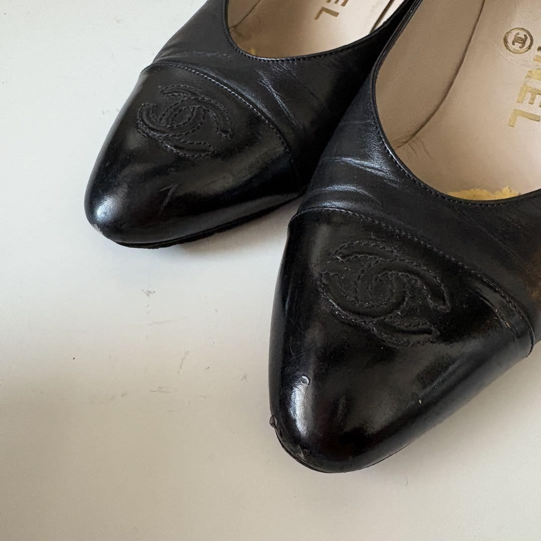 CHANEL Shoes Pumps Heel Cocomark EU 36.5 US 6.5 Leather Black Authentic