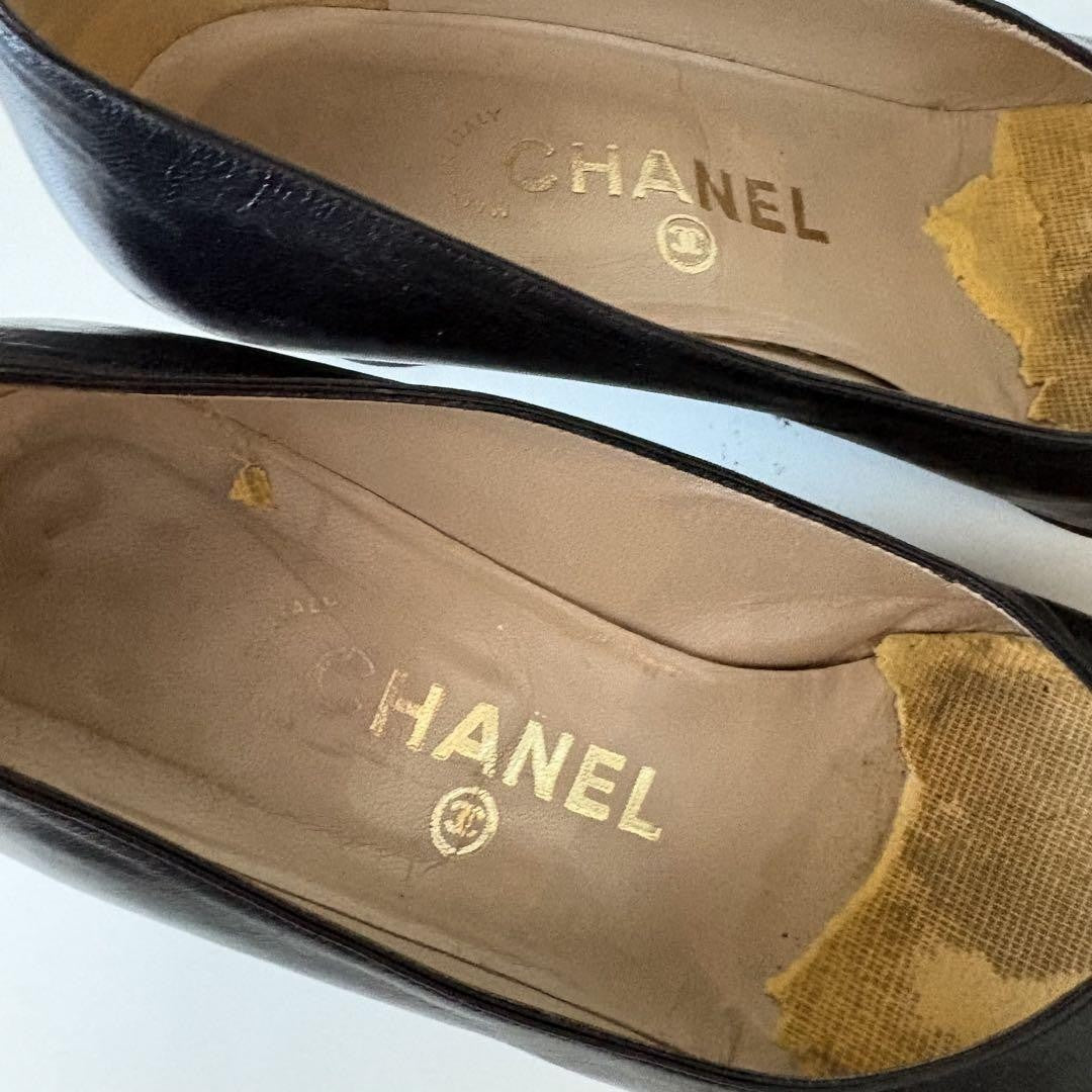 CHANEL Shoes Pumps Heel Cocomark EU 36.5 US 6.5 Leather Black Authentic
