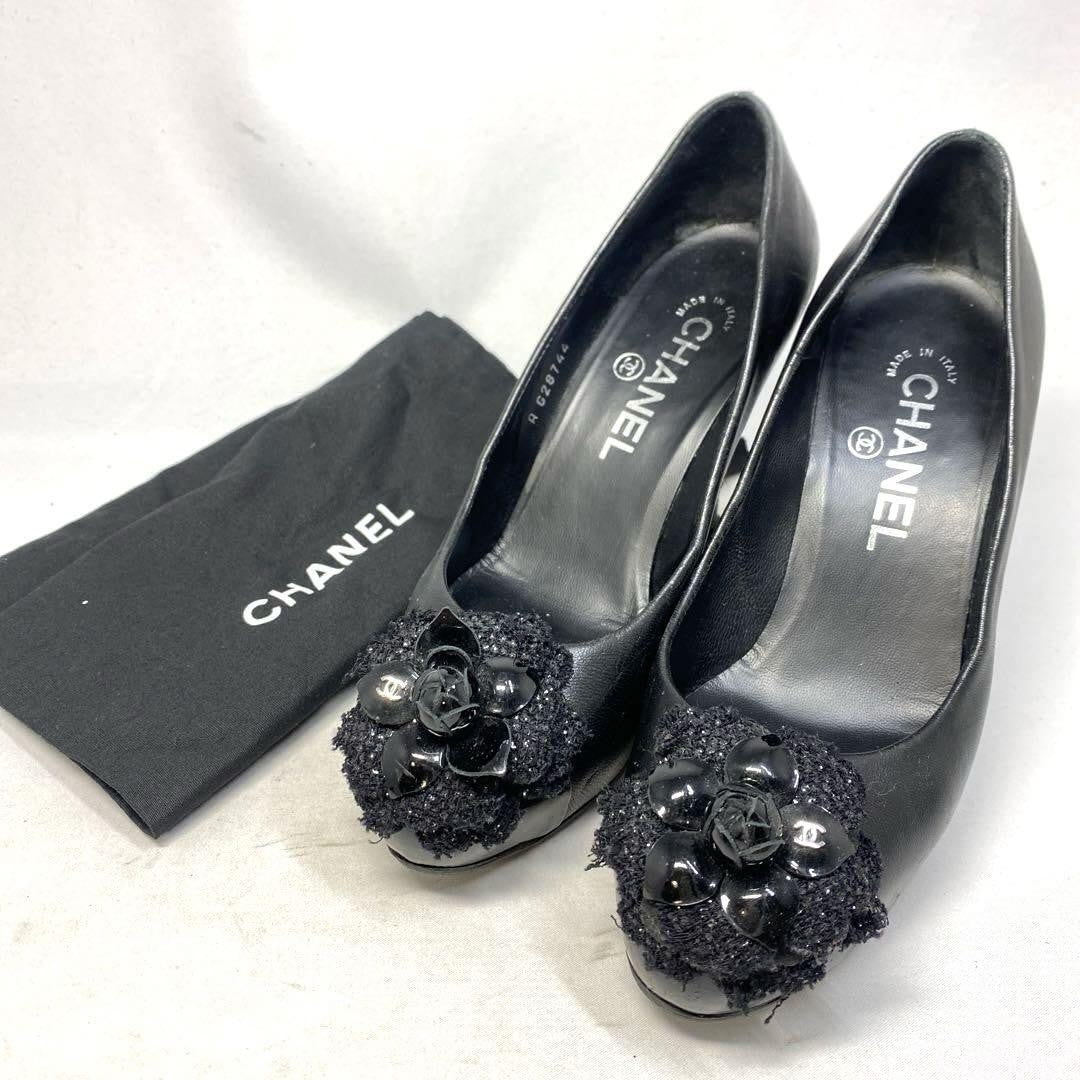 CHANEL Shoes Pumps Heel EU 36.0 US 6.0 Leather Black Authentic