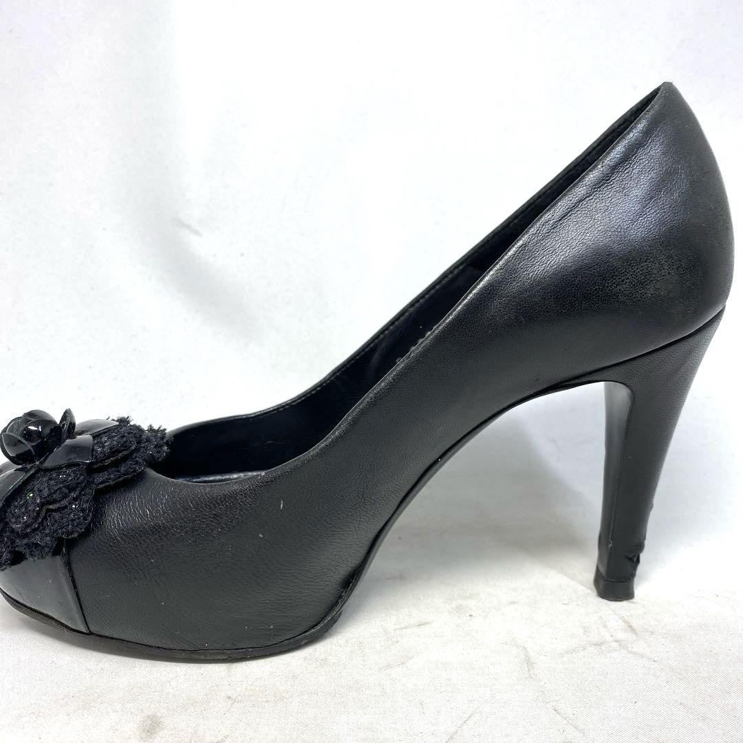 CHANEL Shoes Pumps Heel EU 36.0 US 6.0 Leather Black Authentic