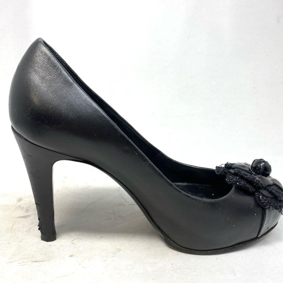 CHANEL Shoes Pumps Heel EU 36.0 US 6.0 Leather Black Authentic