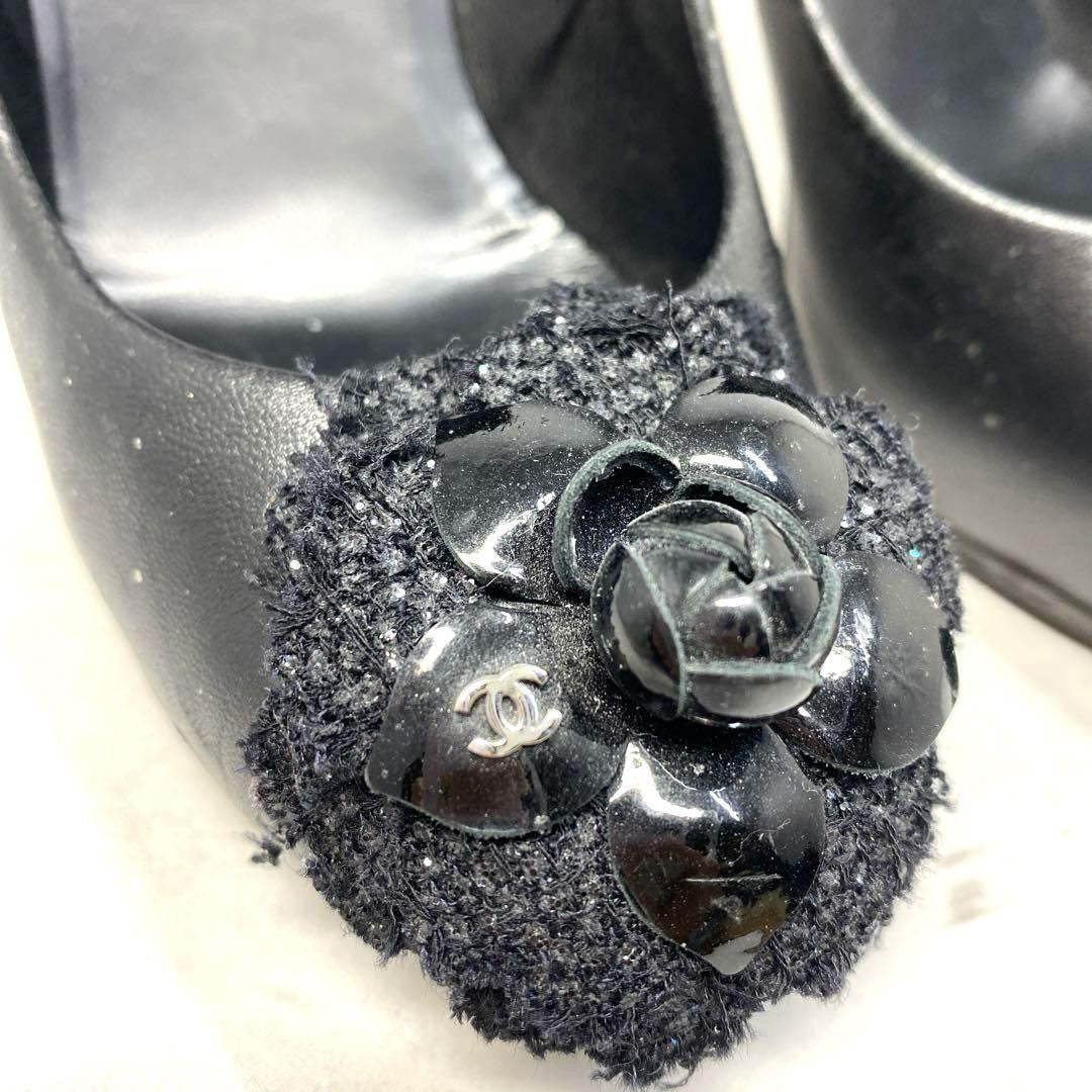 CHANEL Shoes Pumps Heel EU 36.0 US 6.0 Leather Black Authentic