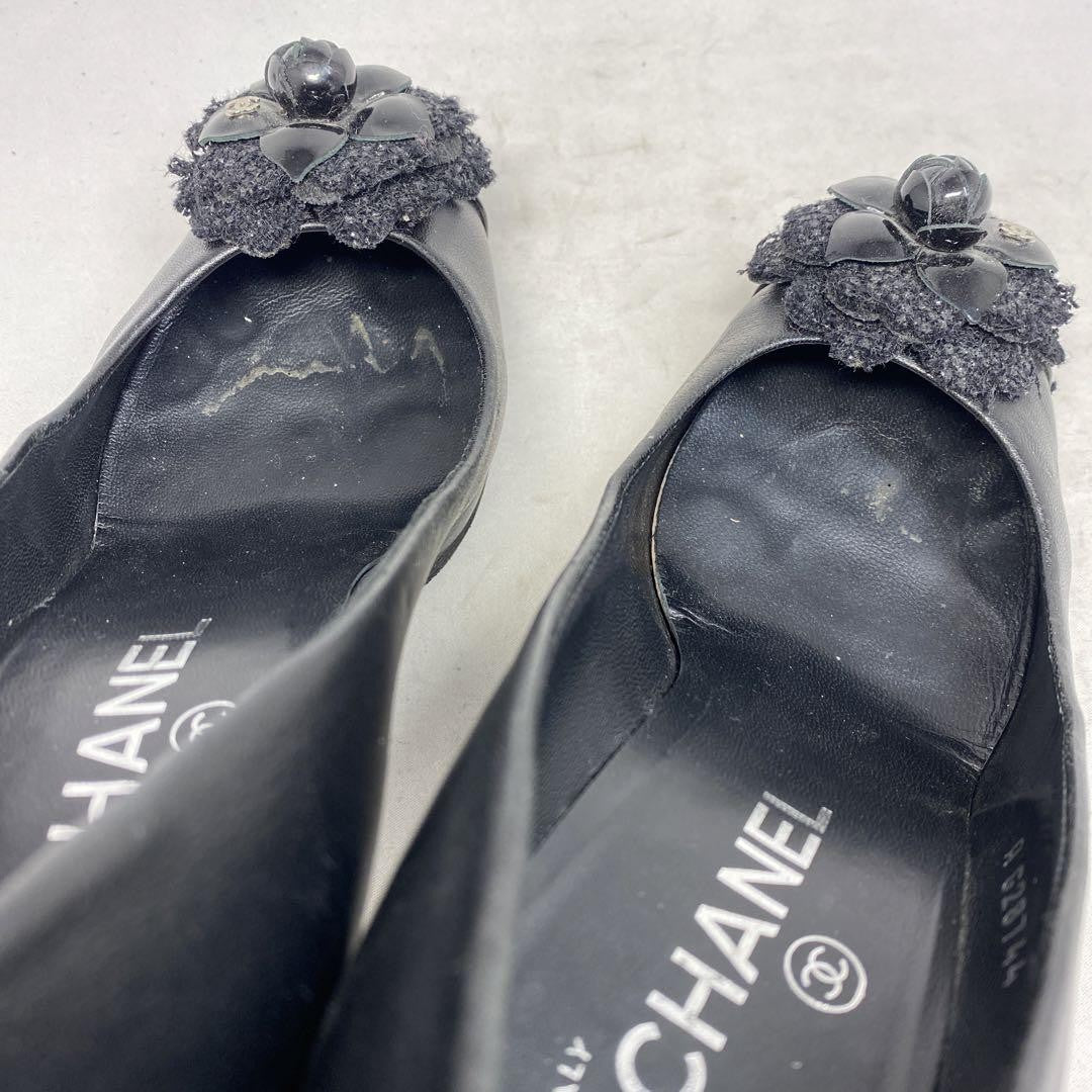 CHANEL Shoes Pumps Heel EU 36.0 US 6.0 Leather Black Authentic