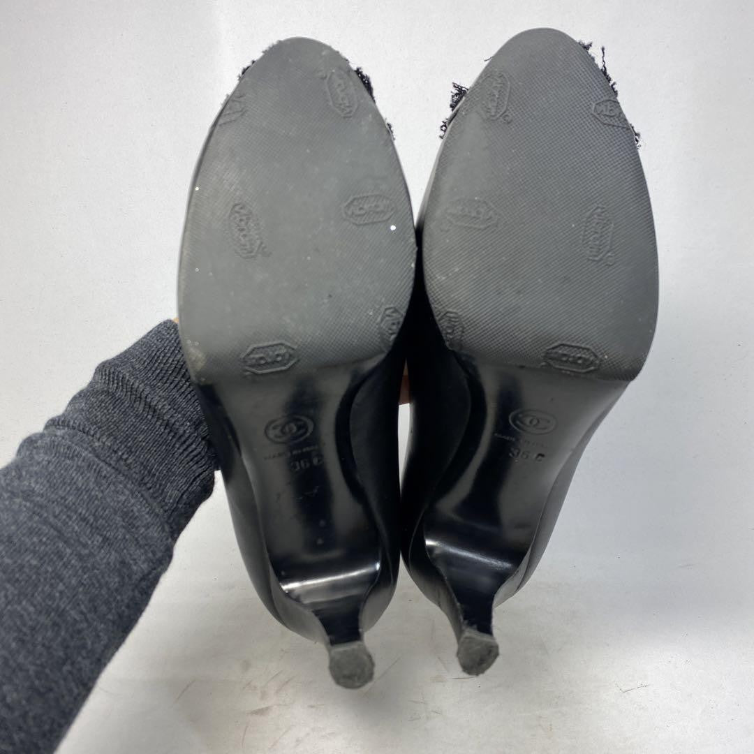 CHANEL Shoes Pumps Heel EU 36.0 US 6.0 Leather Black Authentic