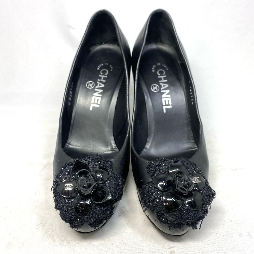 CHANEL Shoes Pumps Heel EU 36.0 US 6.0 Leather Black Authentic