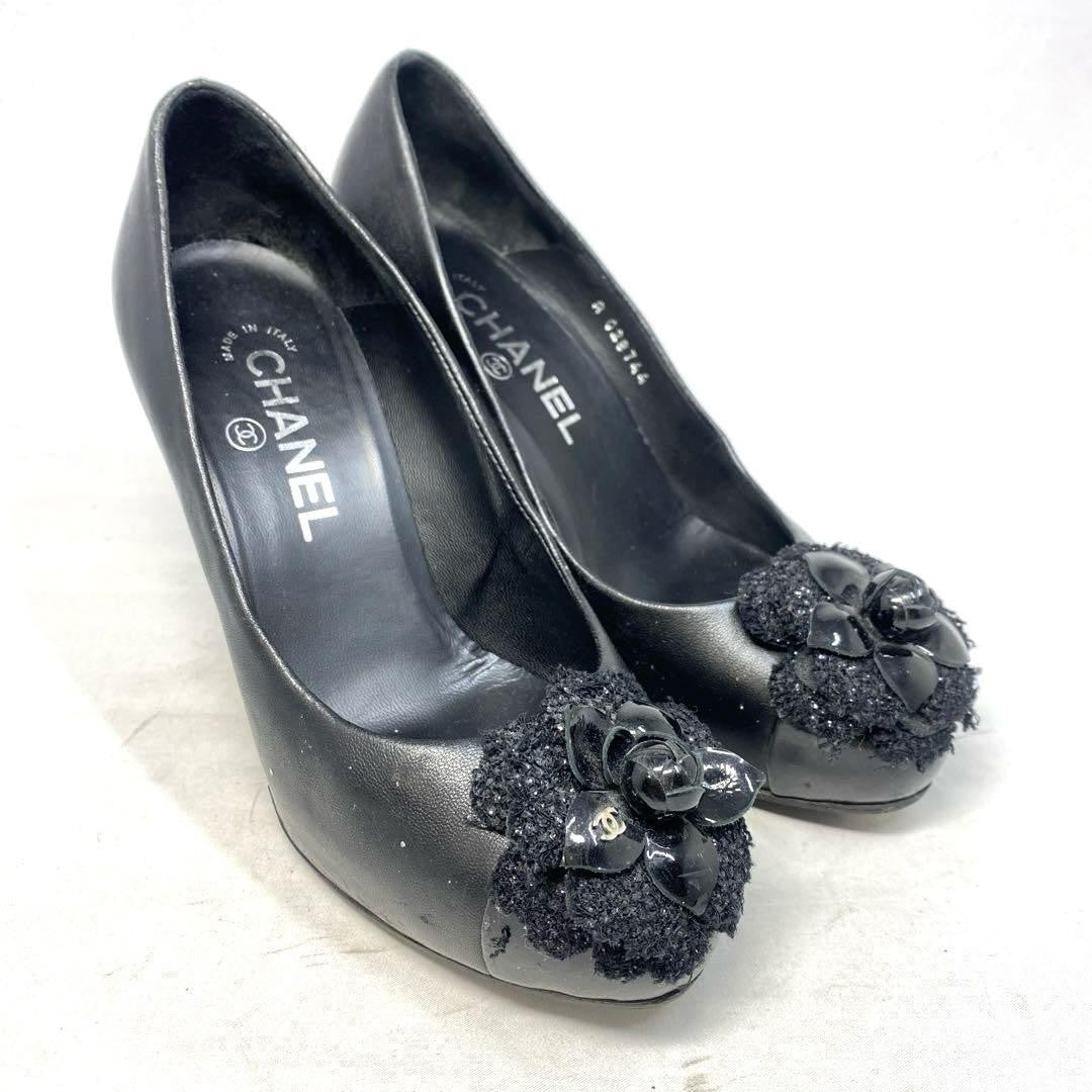 CHANEL Shoes Pumps Heel EU 36.0 US 6.0 Leather Black Authentic