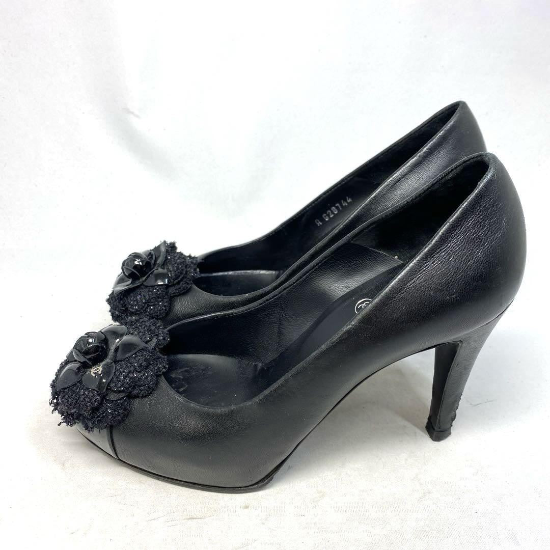 CHANEL Shoes Pumps Heel EU 36.0 US 6.0 Leather Black Authentic