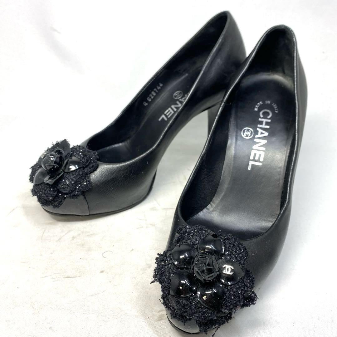 CHANEL Shoes Pumps Heel EU 36.0 US 6.0 Leather Black Authentic