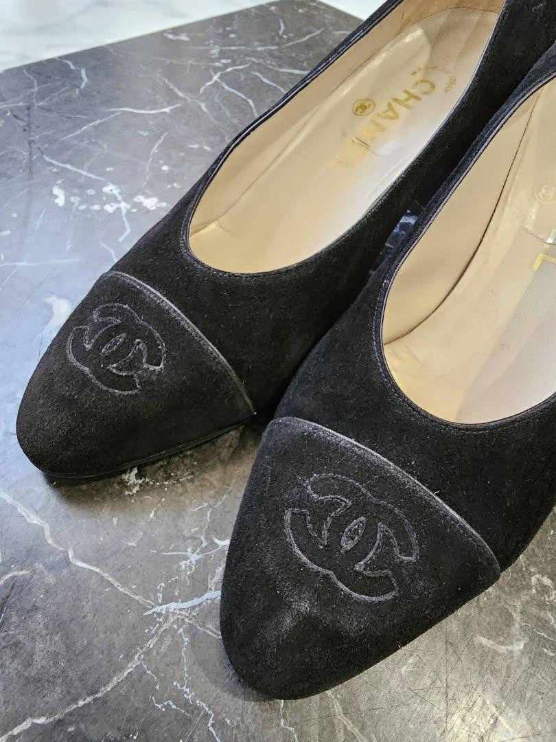 CHANEL Shoes Pumps Heel Cocomark EU 38.5 US 8.5 Suede Black Authentic