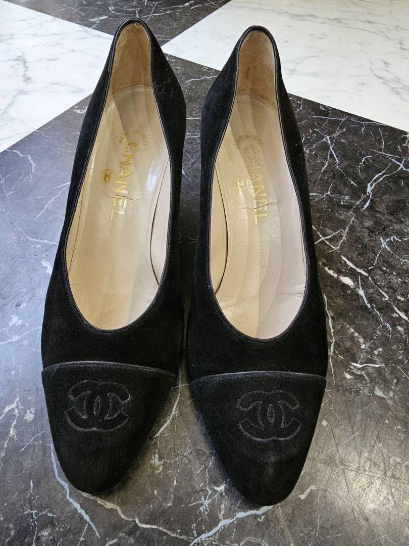 CHANEL Shoes Pumps Heel Cocomark EU 38.5 US 8.5 Suede Black Authentic