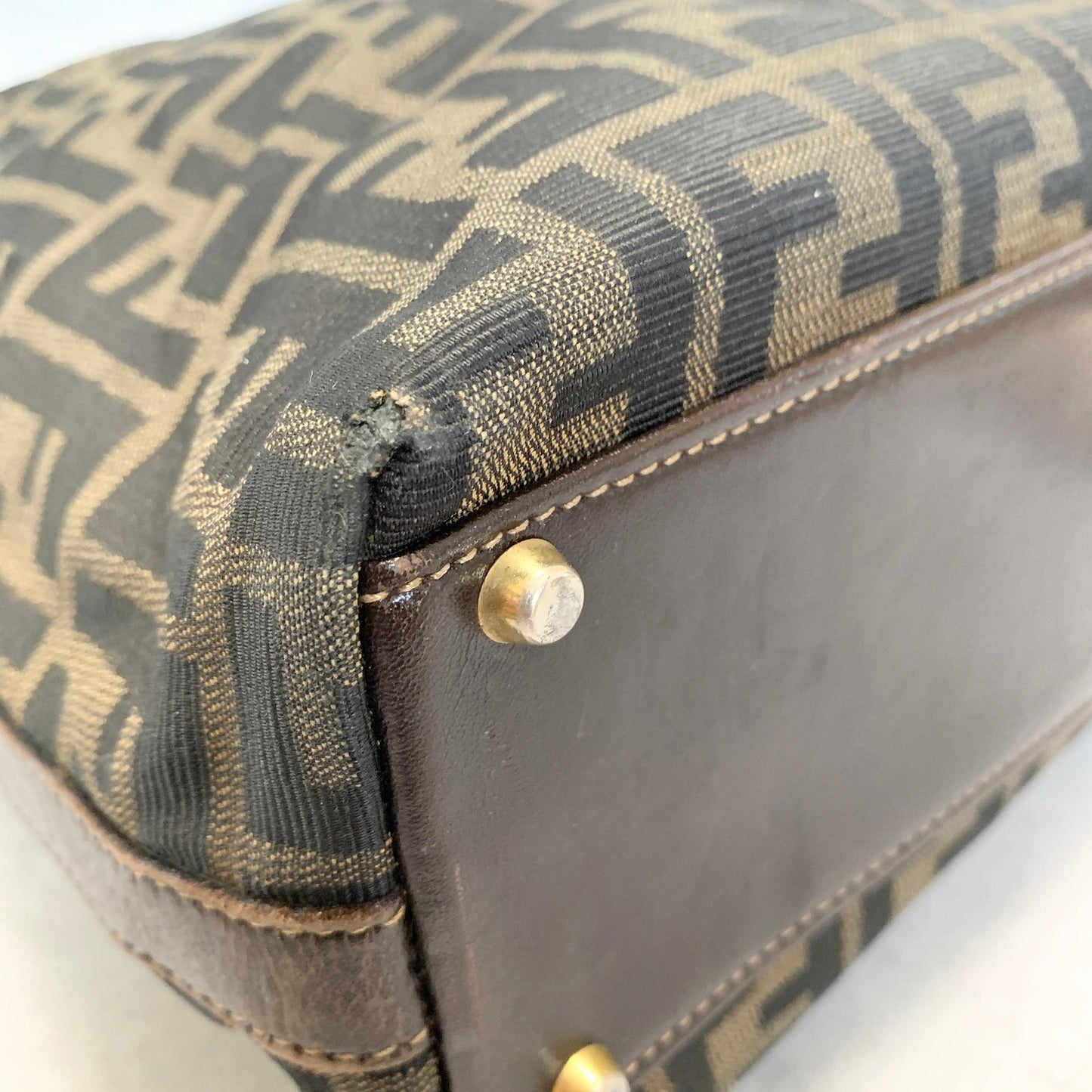 FENDI Zucca Handbag FF Shoulder Tote Purse Canvas Brown Gold Used Auth Unisex