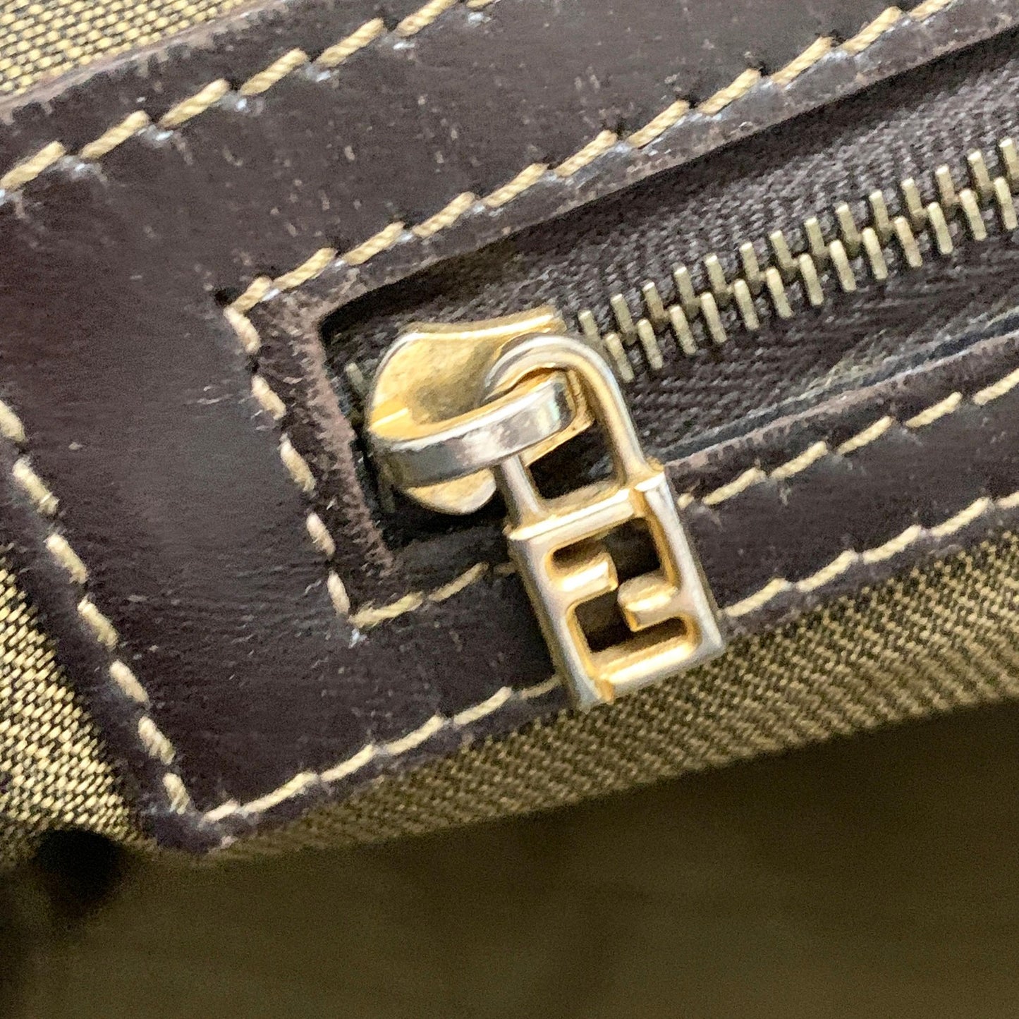 FENDI Zucca Handbag FF Shoulder Tote Purse Canvas Brown Gold Used Auth Unisex