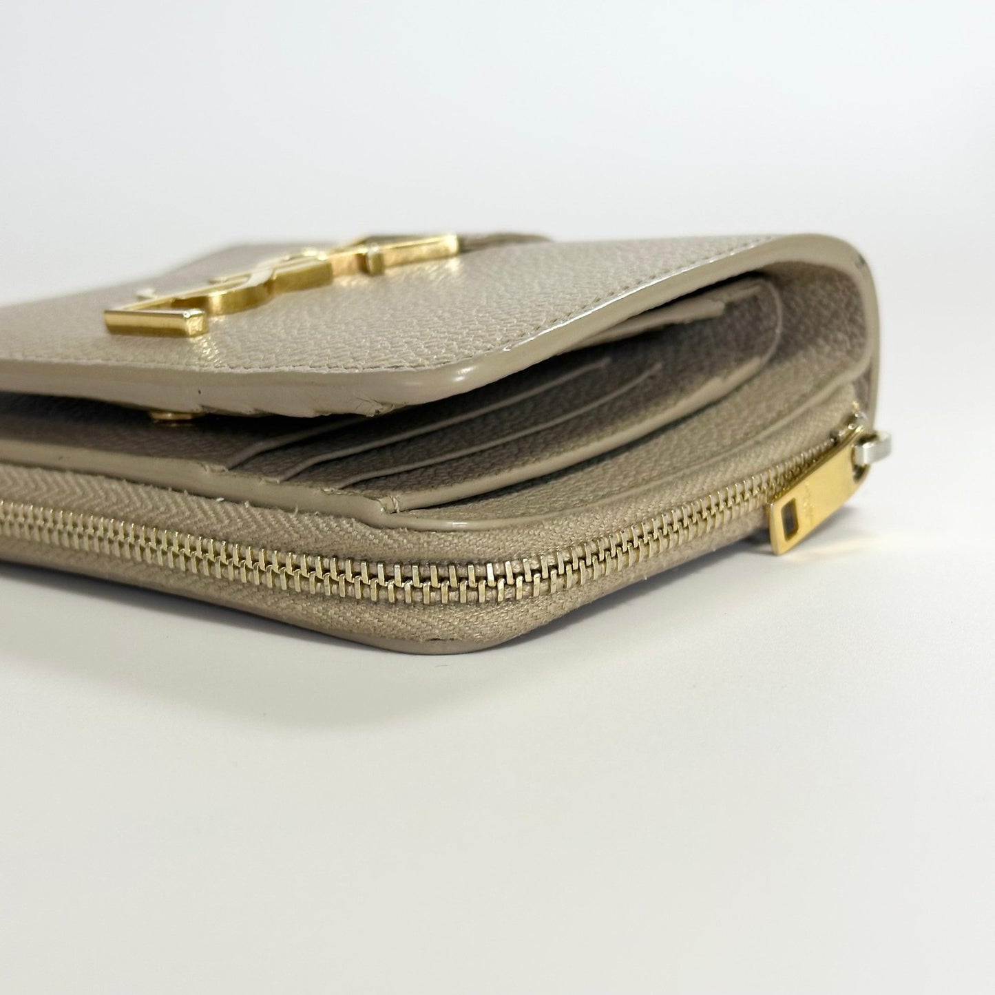 Saint Laurent YSL Wallet Cassandra Bi-fold Compact Leather Beige Gold Authentic