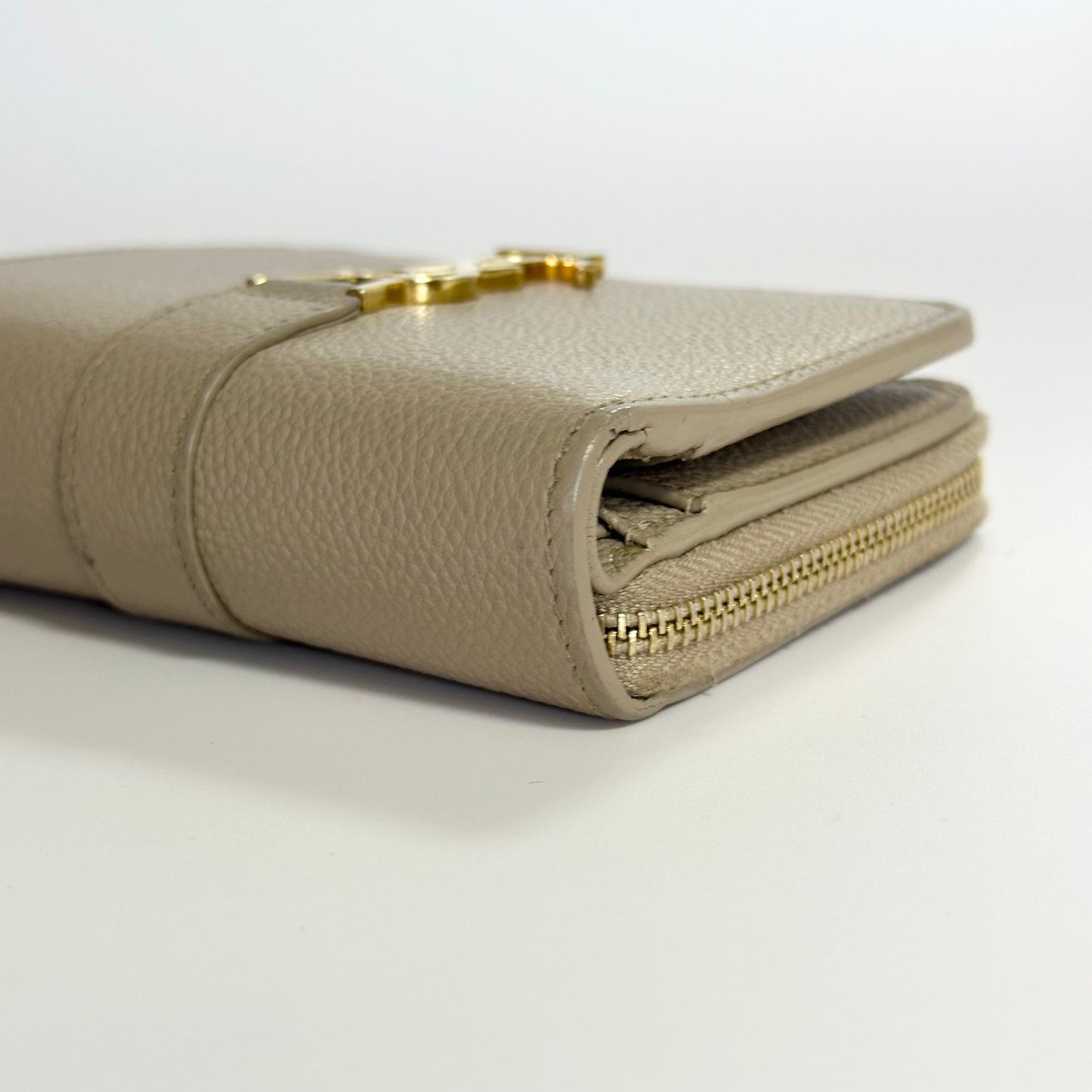Saint Laurent YSL Wallet Cassandra Bi-fold Compact Leather Beige Gold Authentic