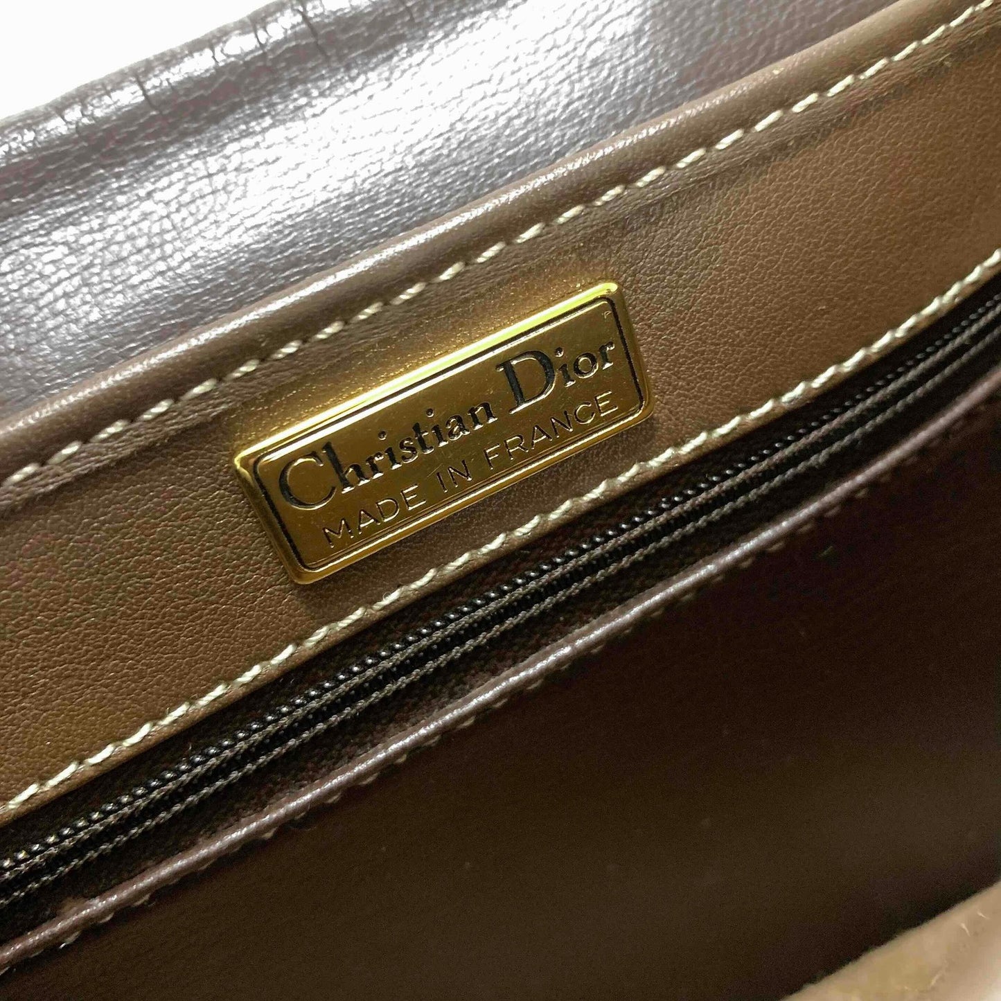 Christian Dior Shoulder Bag CD Stitch Brown Gold Leather Authentic