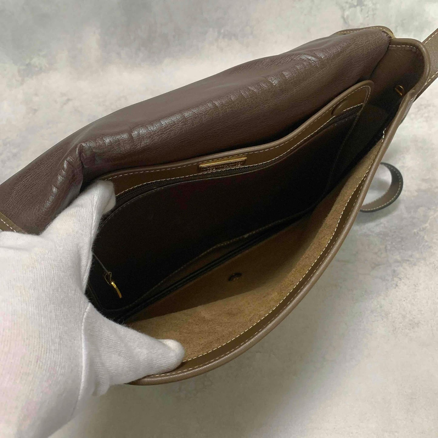 Christian Dior Shoulder Bag CD Stitch Brown Gold Leather Authentic