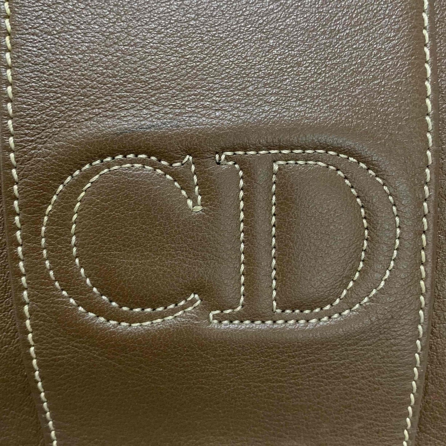 Christian Dior Shoulder Bag CD Stitch Brown Gold Leather Authentic
