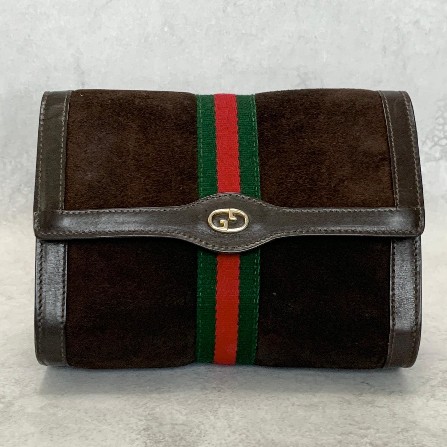 GUCCI Bag Sherry Line GG Clutch Purse Hand Suede Brown Gold Used Authentic