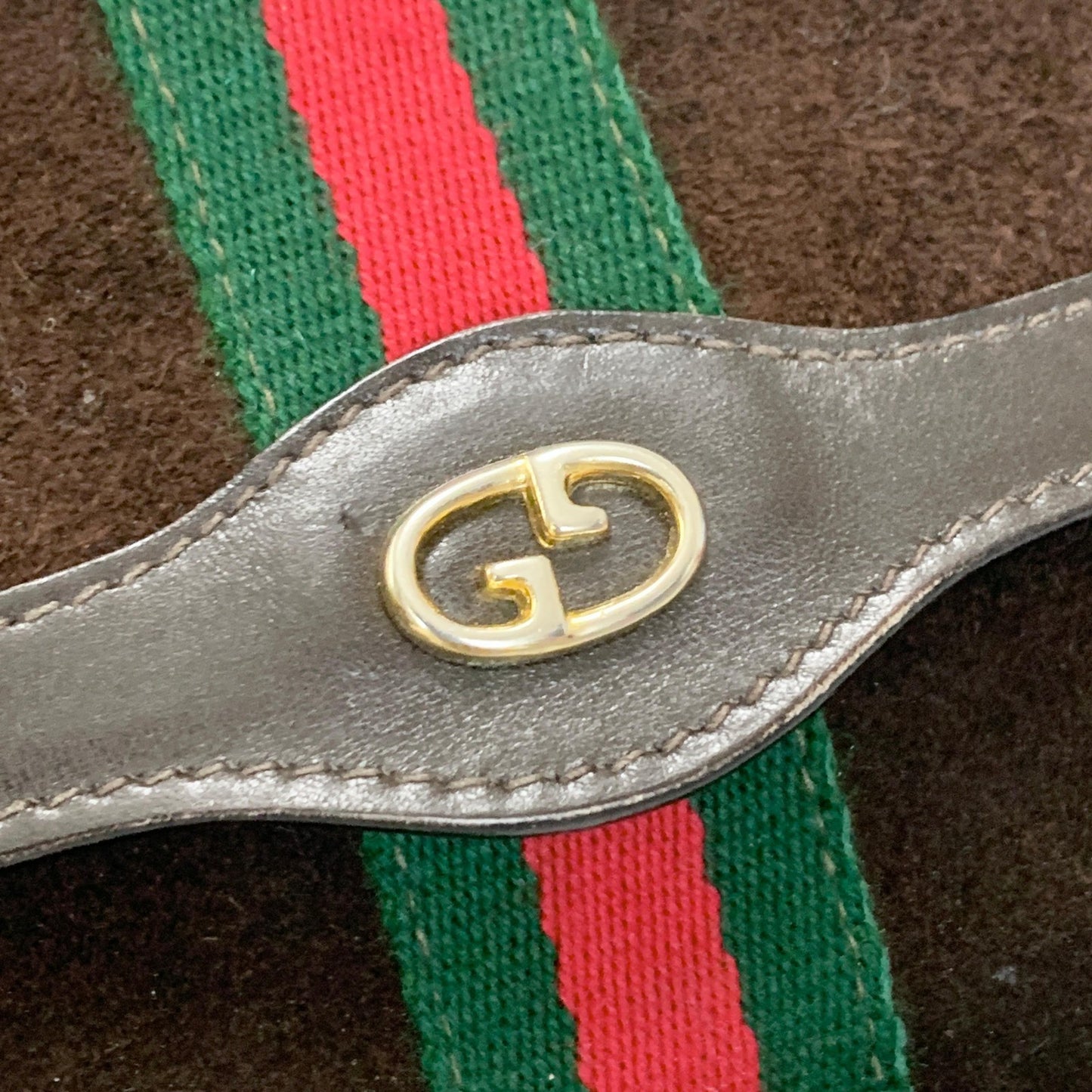 GUCCI Bag Sherry Line GG Clutch Purse Hand Suede Brown Gold Used Authentic