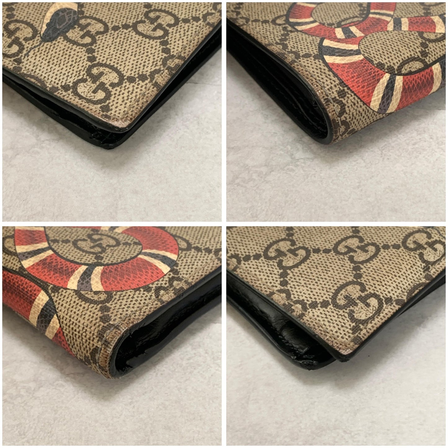 GUCCI Wallet Sneke GG Supreme Bi-fold Flap Compact Purse Leather Beige Auth