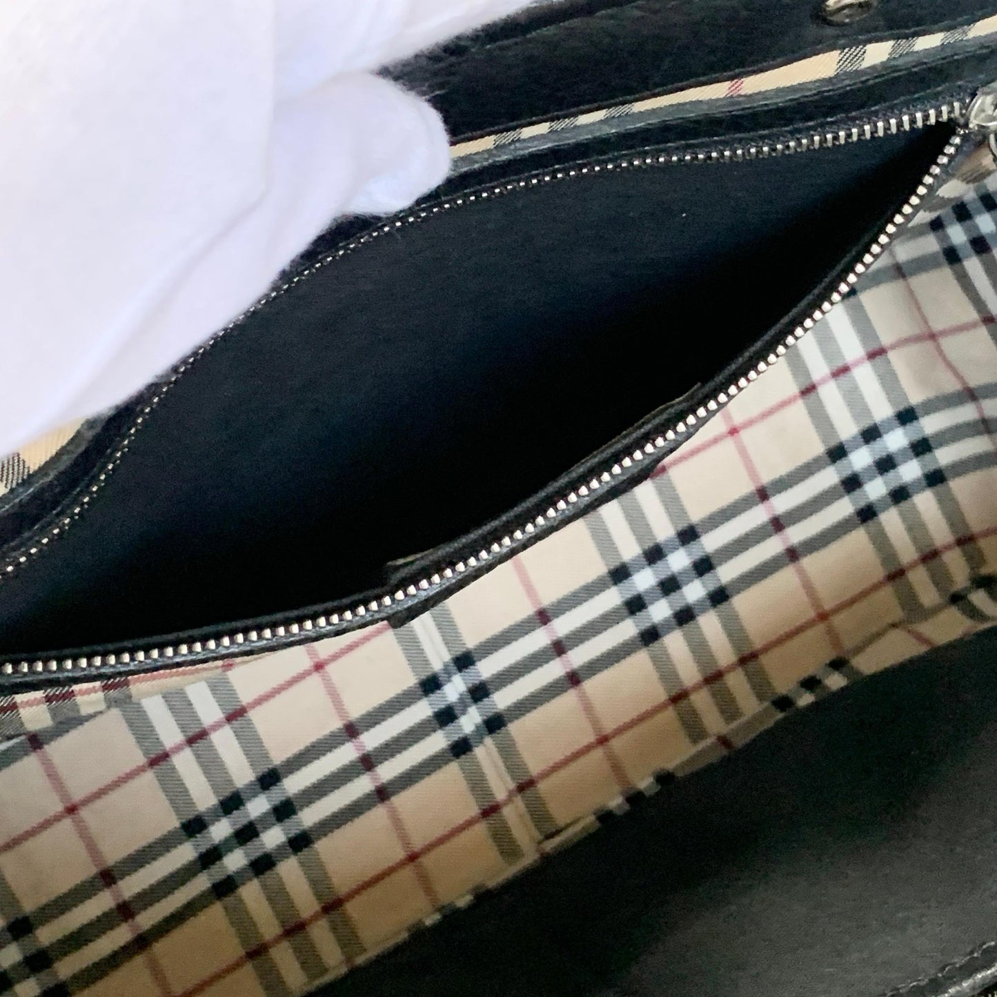 BURBERRY Bag Logo Nova Check Hand Tote Purse Leather Black Gold Used Authentic