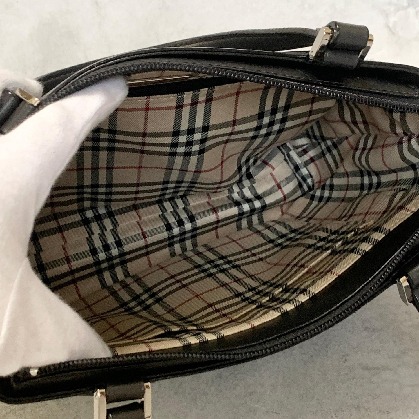 BURBERRY Bag Nova Check Logo Hand Tote Purse Leather Black Silver Authentic
