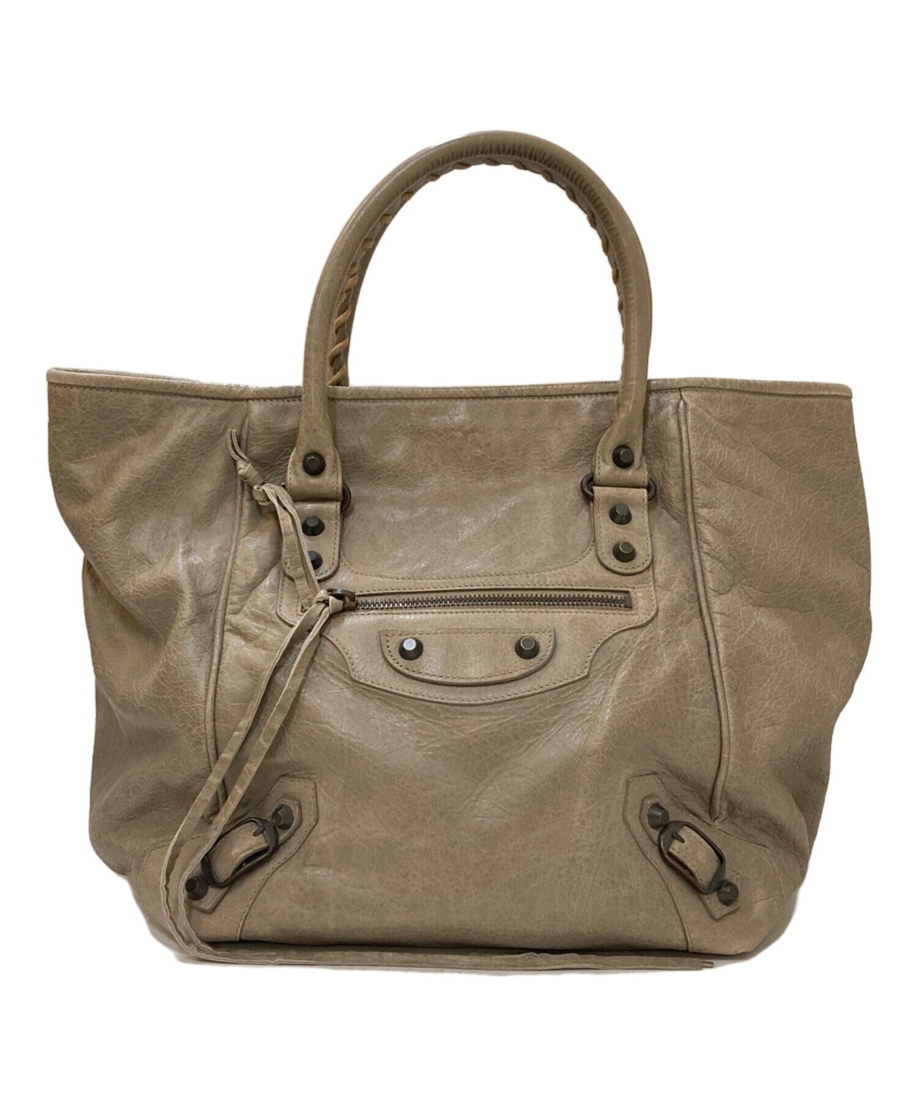 BALENCIAGA Hand Bag Tote Purse THE SUNDAY Leather Beige Authentic