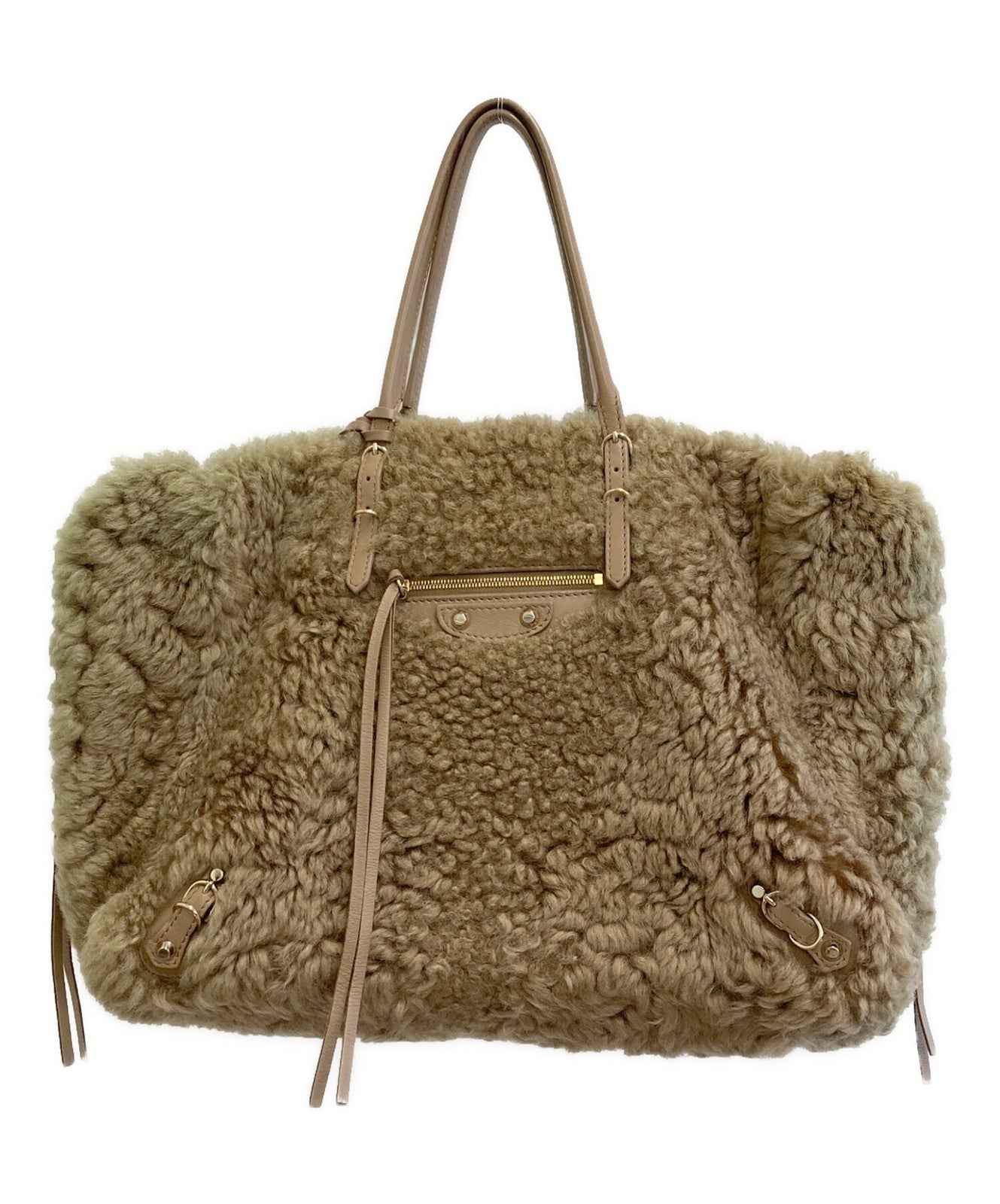 BALENCIAGA Hand Bag Tote Purse PAPER Mouton fur Beige Authentic