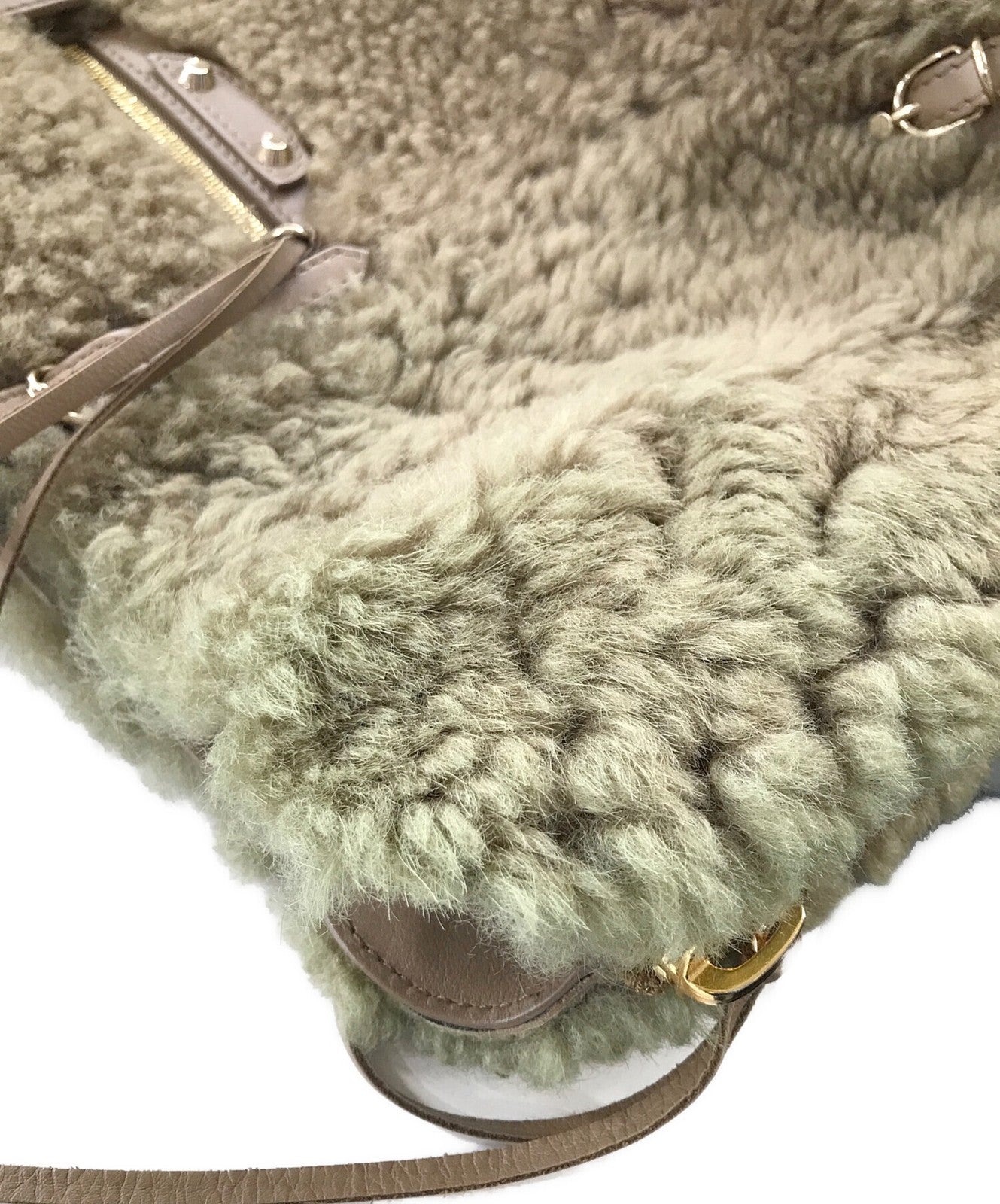 BALENCIAGA Hand Bag Tote Purse PAPER Mouton fur Beige Authentic