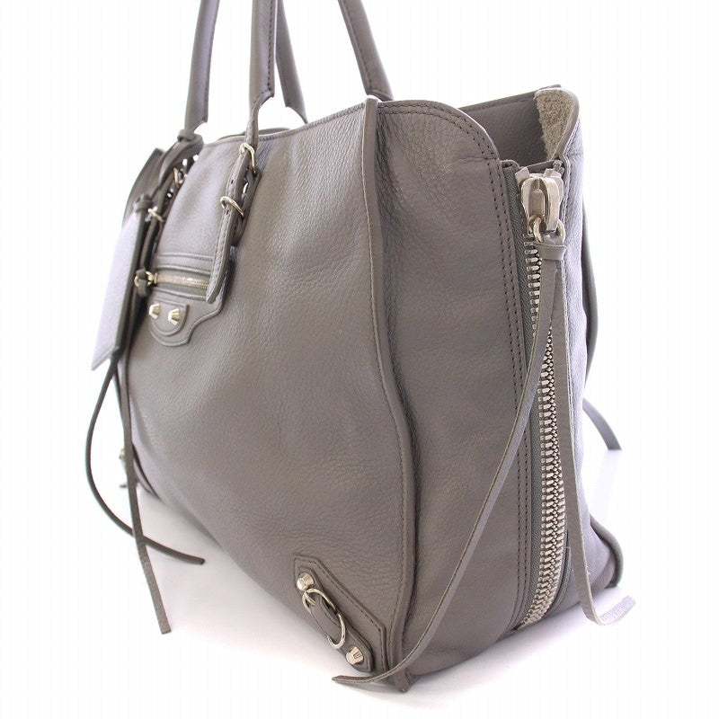 BALENCIAGA Hand Shoulder Bag Tote Purse 2way Paper B4 Zip Around Leather Gray
